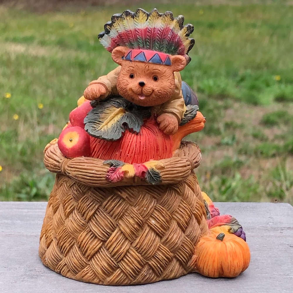 Home Interiors Vintage Thanksgiving Teddy Bear Pilgrim Resin Basket Box 4.5” Hi